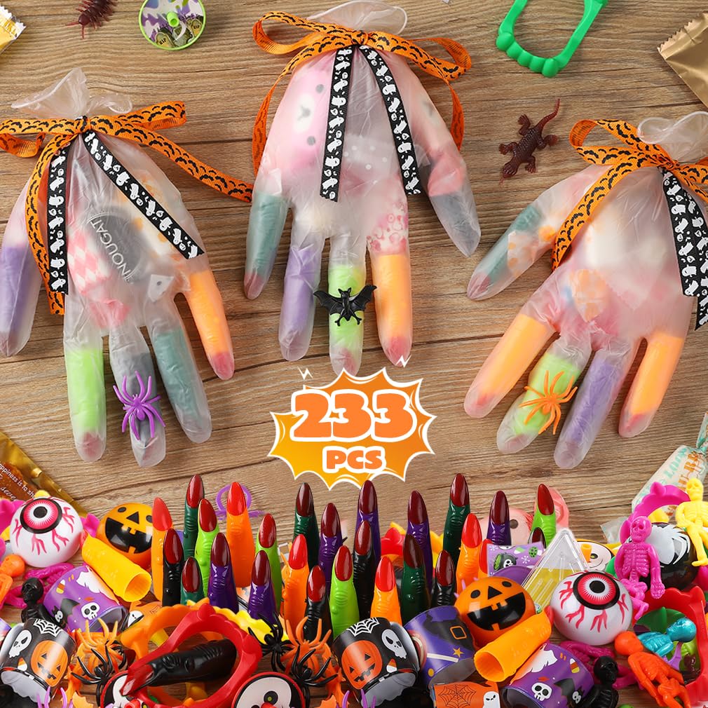 Deerher 233PCS Halloween Party Favors - 24 Pack Halloween Gloves Toys Bulk Stuffed, Non-Candy Halloween Treat Bag Gifts for School Classroom Kids Toddlers Boys Girls Prizes Party Supplies