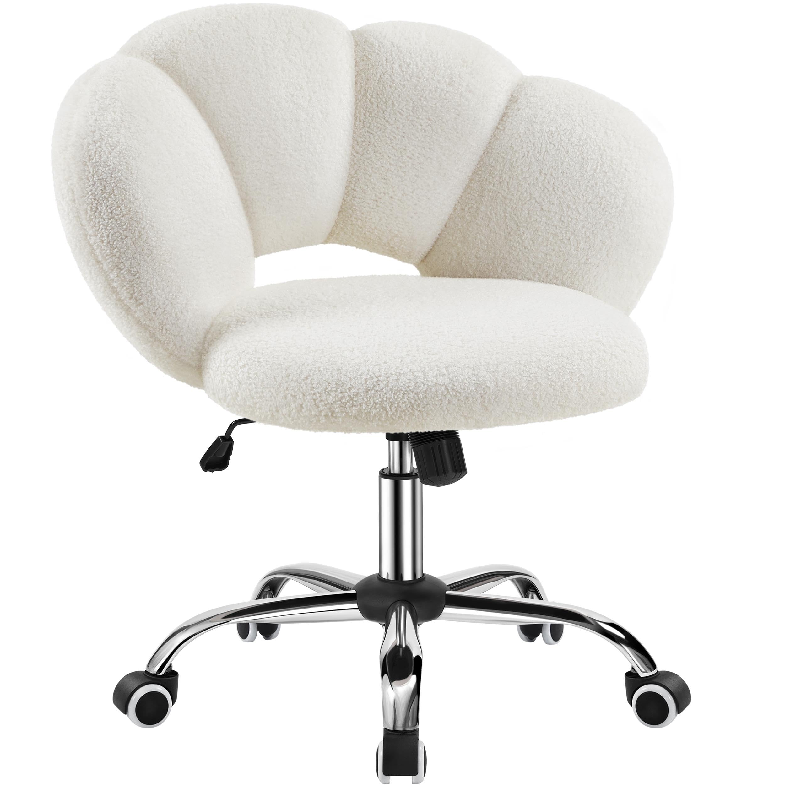 Yaheetech Boucle Upholstered Desk Chair Cloud-Shaped Vanity Chair Adjustable Home Office Chair Computer Chair with Rolling Wheels for Living Room, Bedroom White