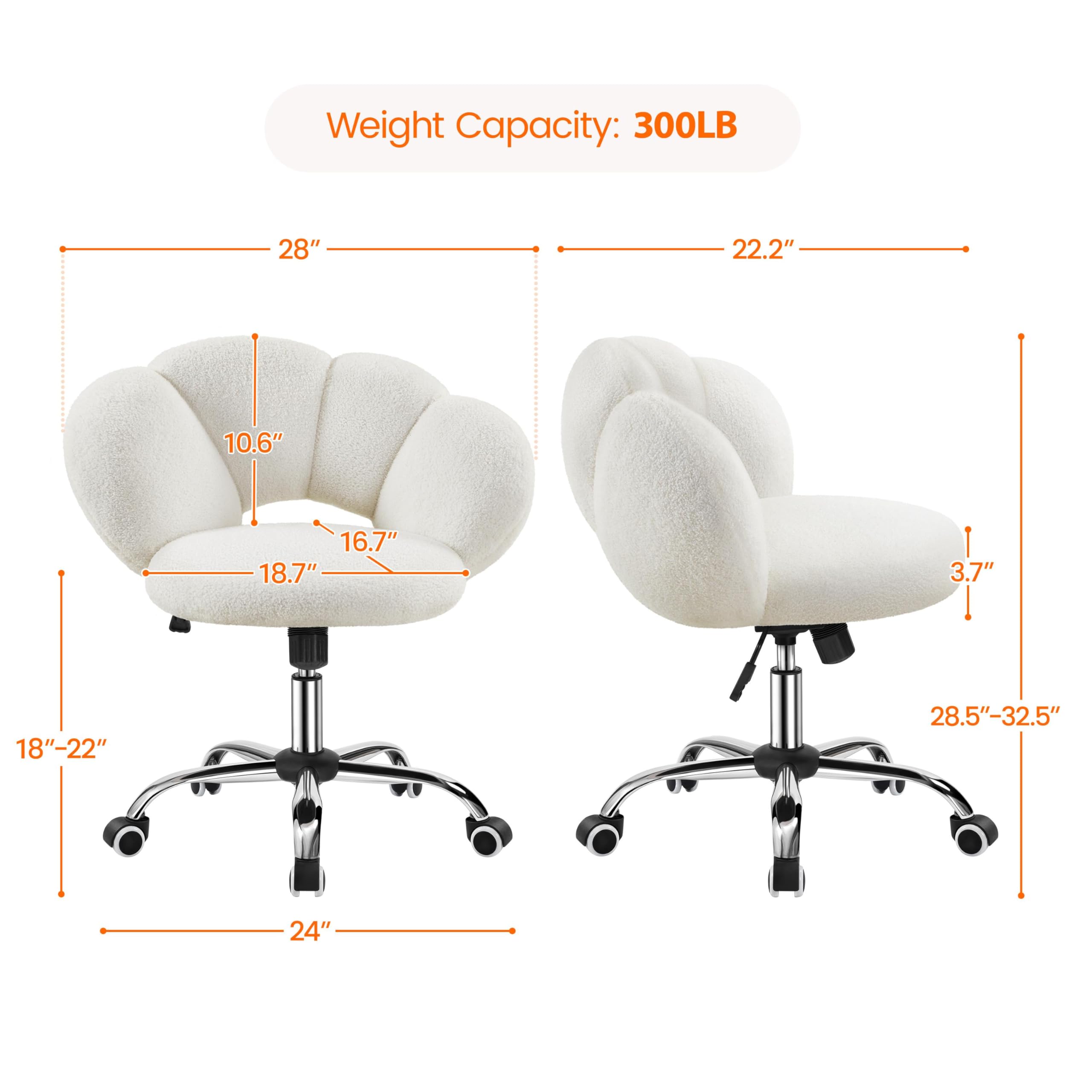 Yaheetech Boucle Upholstered Desk Chair Cloud-Shaped Vanity Chair Adjustable Home Office Chair Computer Chair with Rolling Wheels for Living Room, Bedroom White