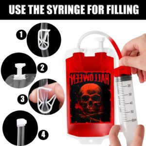 Garma 80 Packs Halloween Blood Bags for Drinks, 8 Design IV Bag Reusable Drink Pouches Containers Jello Shot Syringes and Clips Pouch Prop for Vampire Zombie Hospital Theme Party Supplies