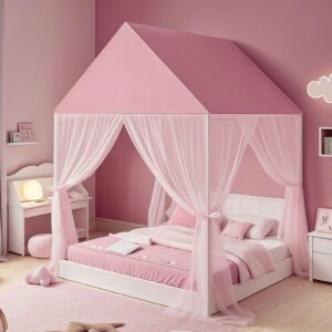 zrvtm princess bed canopy - play tent bed canopy princess castle dreamy playhouse mosquito net for girls reading nook canopies breathable canopy bed curtains for kids(twin,pink)