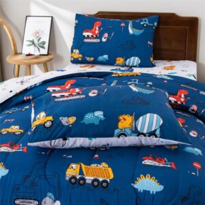 Meeting Story Construction Truck Car Twin Comforter Set for Boys,5 Pieces Dinosaur Bedding Set with Sheets and Pillowcases，Excavator Lightweight Microfiber Bedding Sets（Blue，Twin5pcs）