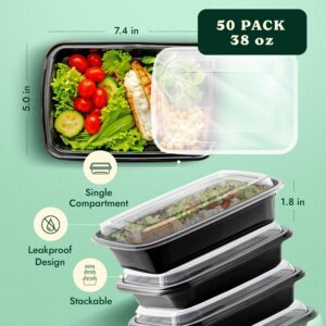 MEALPACK 50 Pack Reusable Meal prep containers - Single Compartment food prep containers with lids - to go food Containers with Lids - 38-oz Black Base/Clear Lid