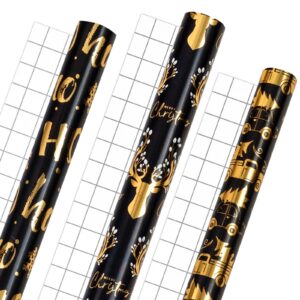 MIMUTI Christmas Wrapping Paper -Black and Gold Gift Wrapping Paper Roll with Cut Lines on Reverse, 17 in x 10 ft Christmas Wrapping Paper Rolls Elk, Ho and Car Design for Holiday, Chrsitmas, Party, Celebration