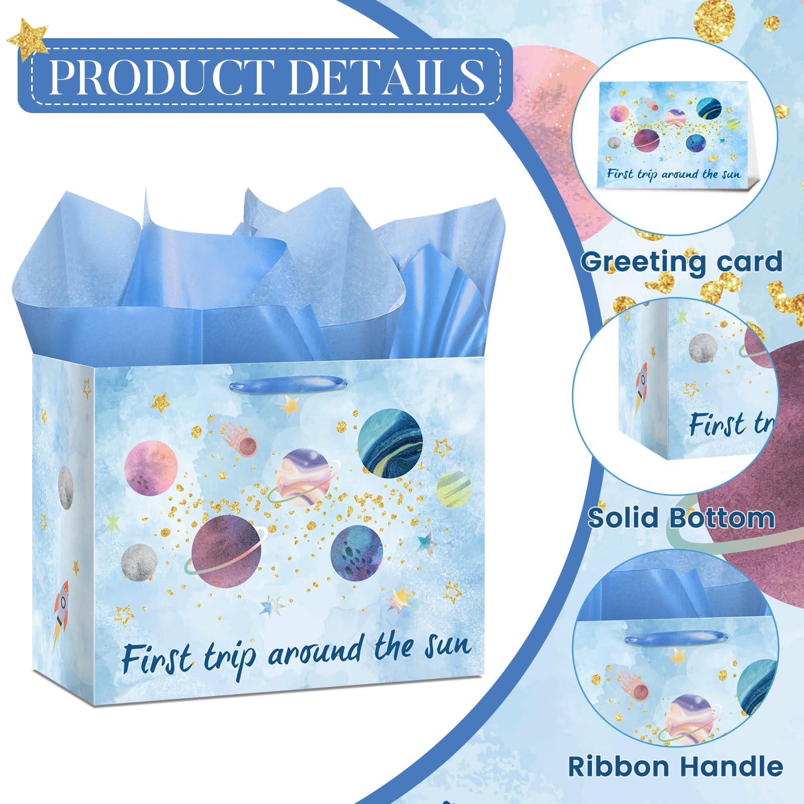 Baby Boy Gift Bags First Trip Around The Sun Decoration Galaxy Space 1st Birthday Wrapping Paper Bag Planet One Year Old Greeting Card Tissue Papers for Boys Baby Shower Party Favors Decor Supplies