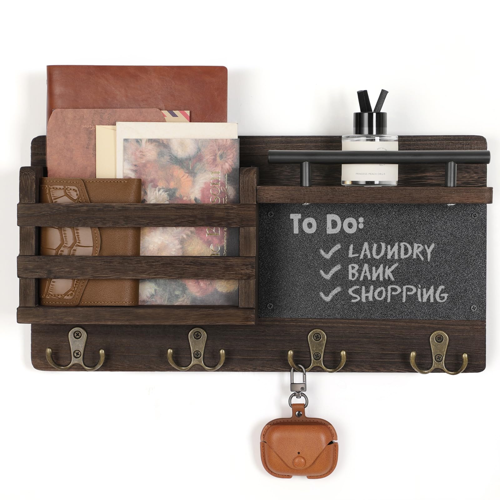 Lucundm Key Holder for Wall, Mail Holder Organizer Wall Mount with Chalkboard and Shelf, Key Hanger Rack with 4 Dual Hooks for Coat Dog Leash, Farmhouse Entryway Decor (Brown)