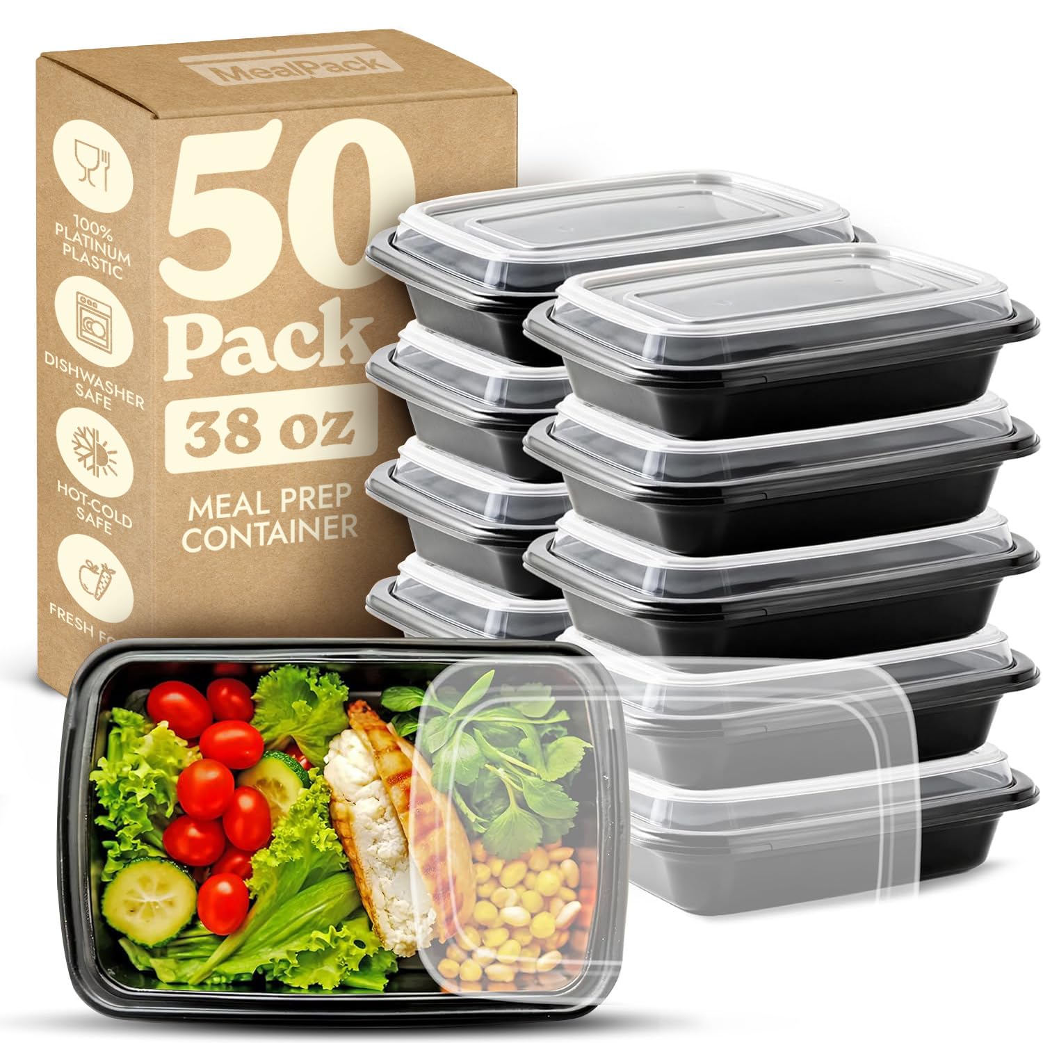 MEALPACK 50 Pack Reusable Meal prep containers - Single Compartment food prep containers with lids - to go food Containers with Lids - 38-oz Black Base/Clear Lid