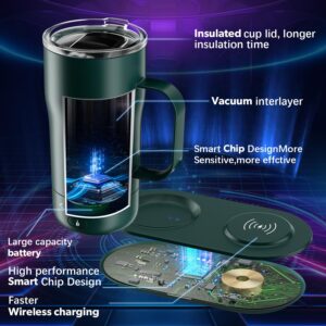 LEGARDLILIU Smart Self Heating Coffee Mug 18 Oz Temperature Control Heated Coffee Mug App Controlled Warmer Mug 5-10 Hour LED Display Keep Coffee Hot All Day Fast Wireless Charger Base Jade Green