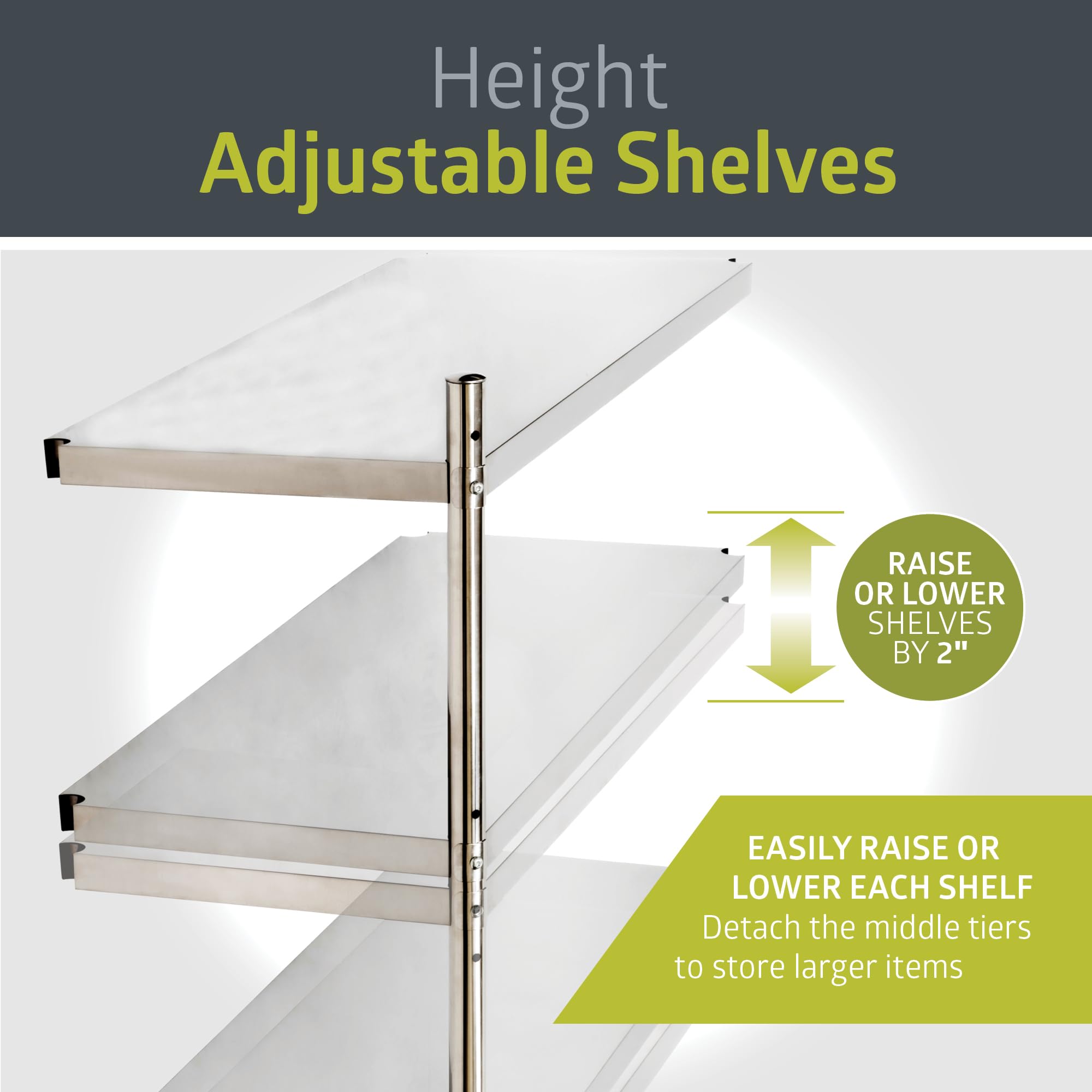 Pearington 4-Tier Commercial Grade Stainless Steel Storage Shelf for Kitchens, Stainless Steel Shelving Unit with 4 Height-Adjustable Shelves, 47" x 18.5" x 60", Silver