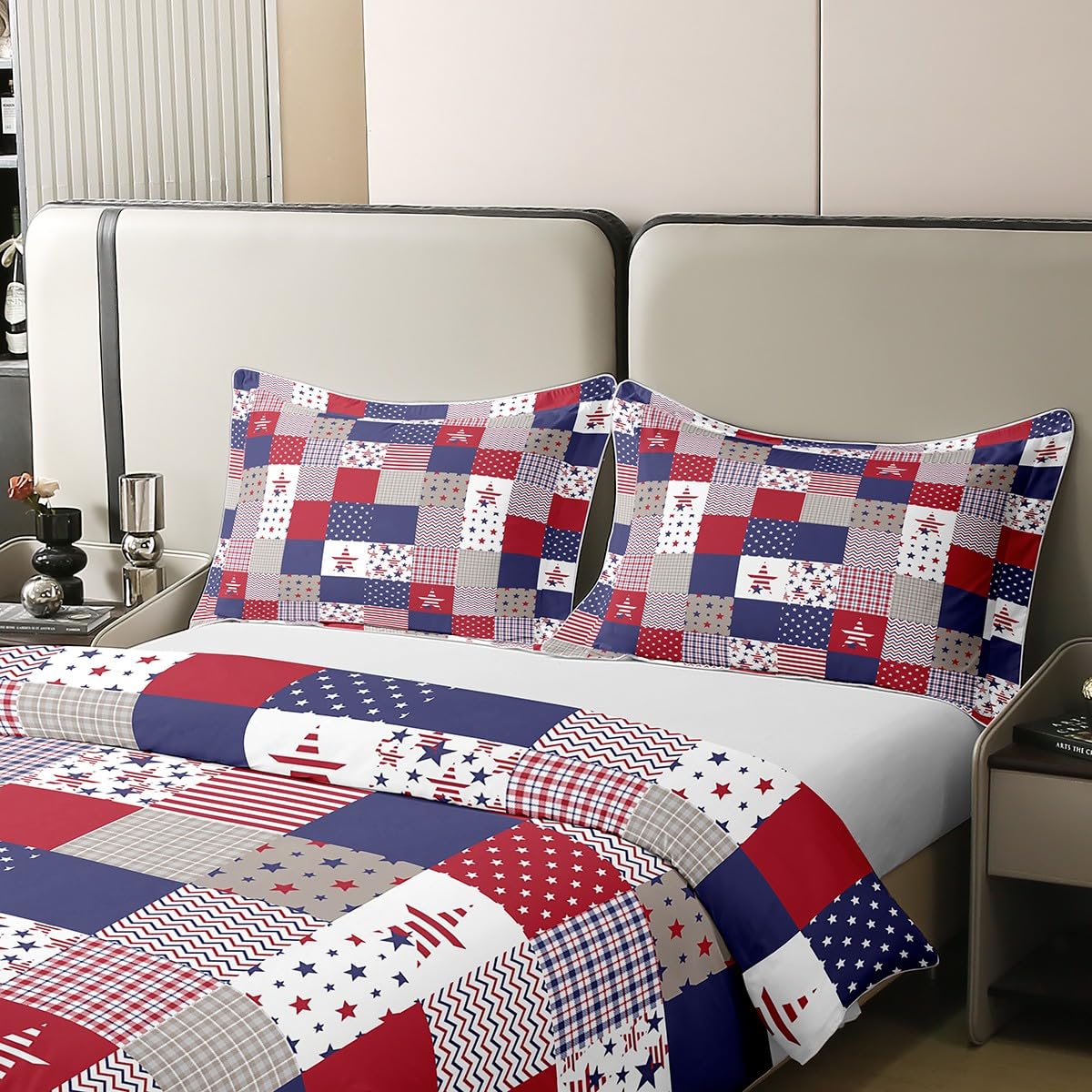 Feelyou Patriotic 4th of July Bedding Set King Size Americana Stars Plaid Duvet Cover 100% Cotton for Adults Women Men Independence Day Comforter Cover Set Red Blue Bedspread Cover 3Pcs,No Comforter