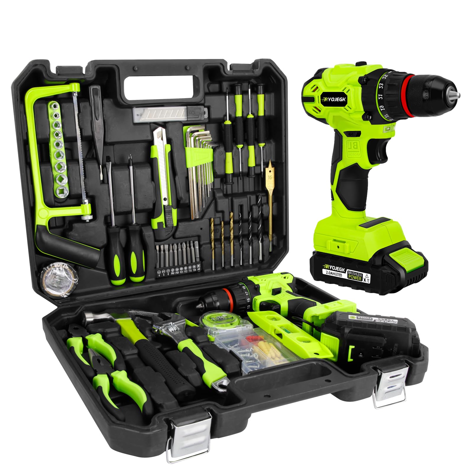 RYOJEGK Home Tool Set with Brushless Drill, 20V 119PCS Cordless Drill Tool Box with Battery, Tool Kit with Drill for Men & Woman, 24+1 Keyless Metal Chuck Brushless Drill Set for Household Repair Kit