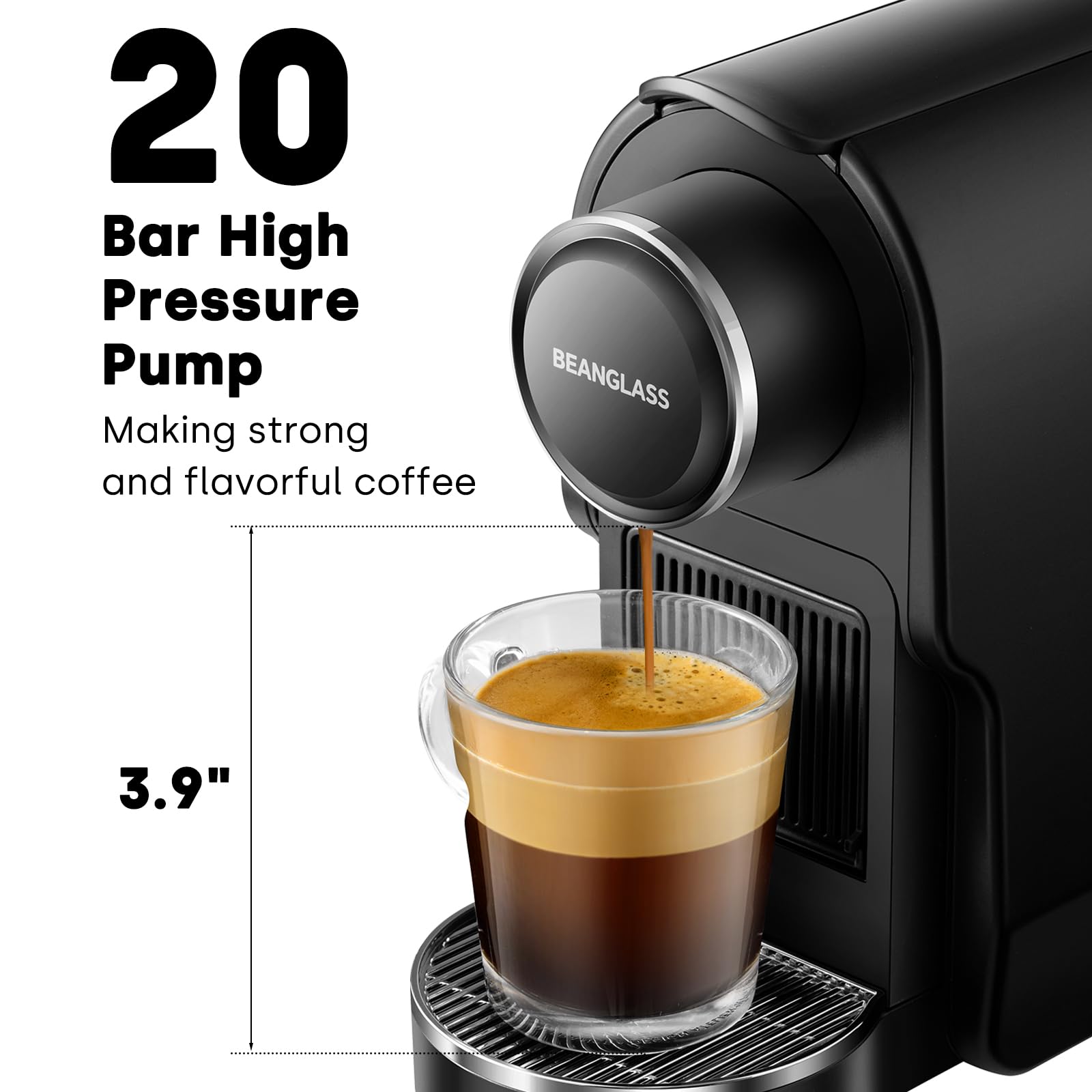 beanglass Espresso Pod Machine Compatible with NS Original Capsules, 20 Bar Compact Coffee Maker with Removable Water Tank for Cappuccino, Latte, Black