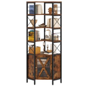 YITAHOME Corner Bookshelf with Storage, 7-Tier Corner Shelf with Doors, Large Corner Bookcase Display Rack for Living Room Bedroom Home Office, Rustic Brown