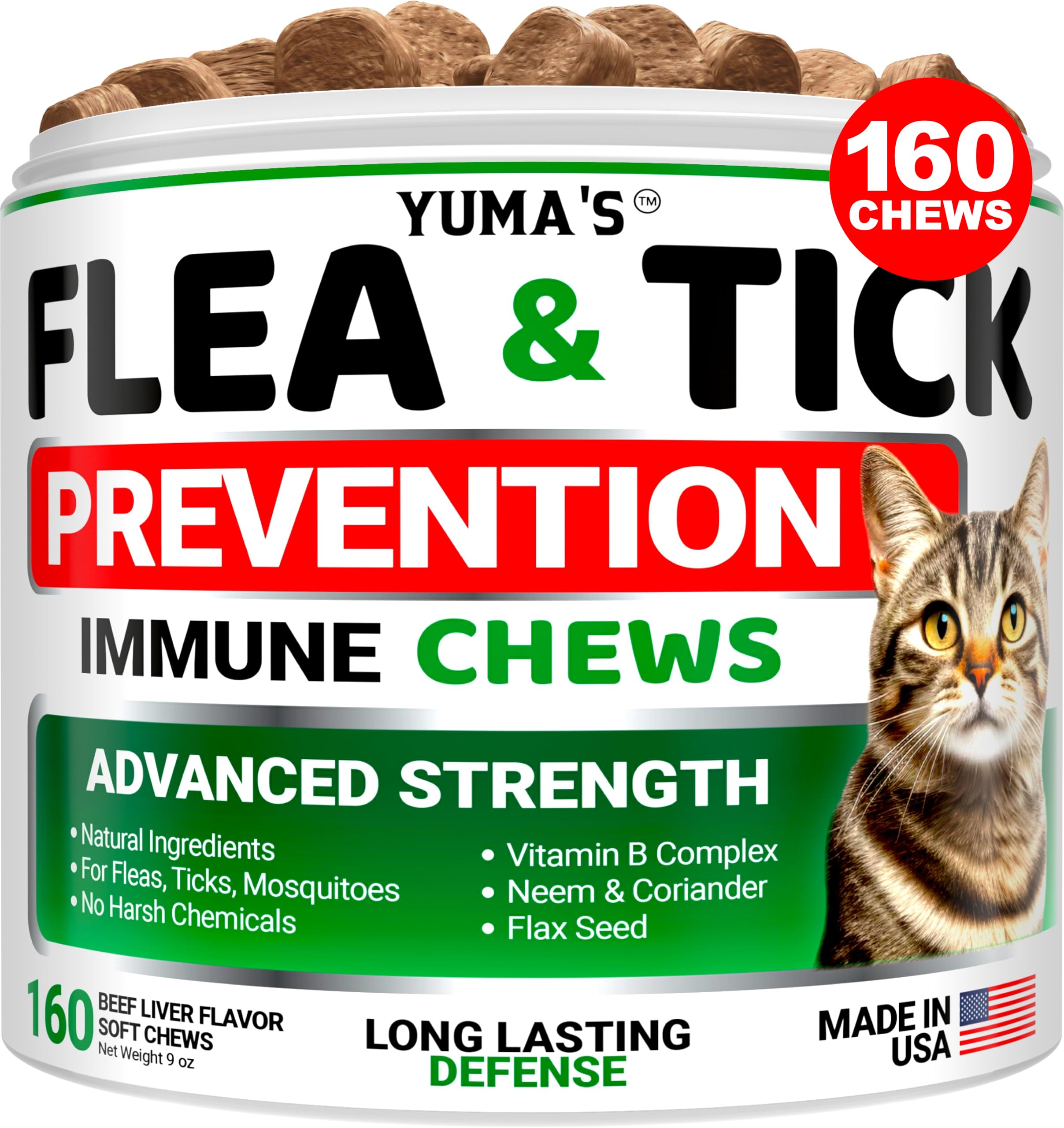 Flea Treatment for Cats - Flea and Tick Prevention for Cats - 160 Treats - Natural Cat Flea and Tick Treatment Pills - Soft Oral Cat Flea Treatment for Kittens - All Breeds & Ages - Made in USA