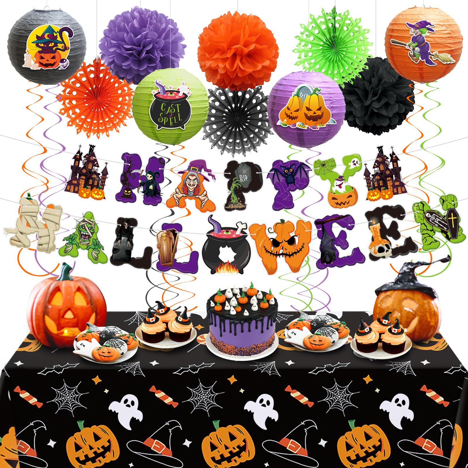 Halloween Decorations Indoor Outdoor- Happy Halloween Banner sets and Tablecloth , Halloween Garland Bat Ghost Pumpkin Halloween Party Decorations, Halloween Party Decorations Supplies