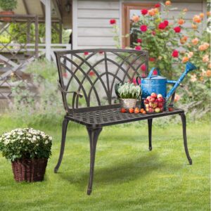 VINGLI 38" Outdoor Bench Cast Aluminium Garden Bench, Orchid Porch Bench Patio Bench Deck Furniture for 1-2 Person Seat(Bronze)