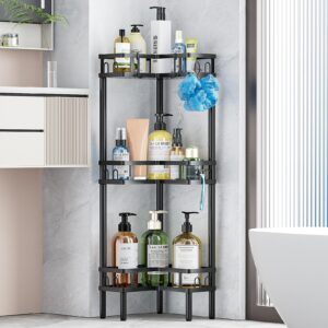 kufutee standing shower caddy corner, 3 tier stainless steel shower organizer stand with sturdy metal plate, rustproof bathroom corner shelf floor shower stand