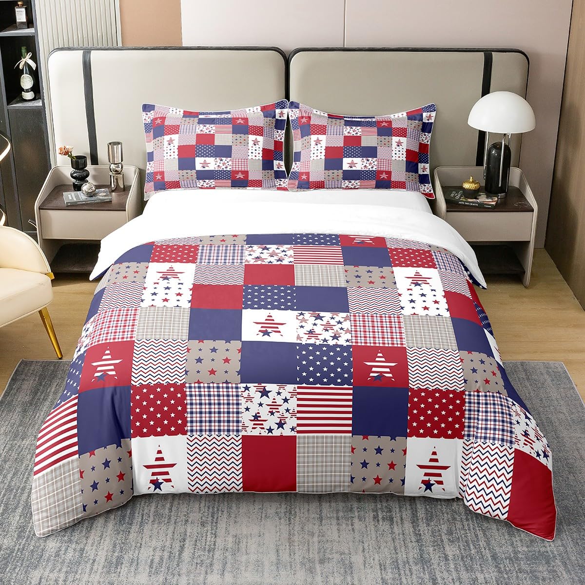 Feelyou Patriotic 4th of July Bedding Set King Size Americana Stars Plaid Duvet Cover 100% Cotton for Adults Women Men Independence Day Comforter Cover Set Red Blue Bedspread Cover 3Pcs,No Comforter