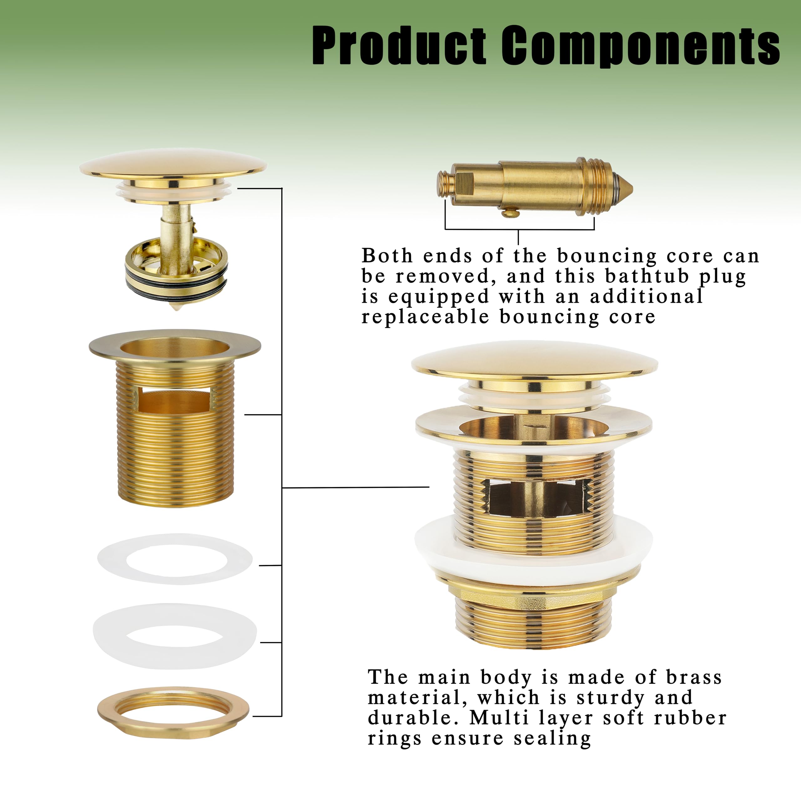 Freestanding Tub Drain (Brass), Pop-Up Bathtub Drain Kit, Detachable Drain Cover That Can Be Filtered, Easy to Clean, Suitable for Freestanding Bathtub Drain Kit, with Replaceable Pop-Up Bolt (Gold)