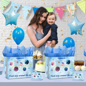 Baby Boy Gift Bags First Trip Around The Sun Decoration Galaxy Space 1st Birthday Wrapping Paper Bag Planet One Year Old Greeting Card Tissue Papers for Boys Baby Shower Party Favors Decor Supplies