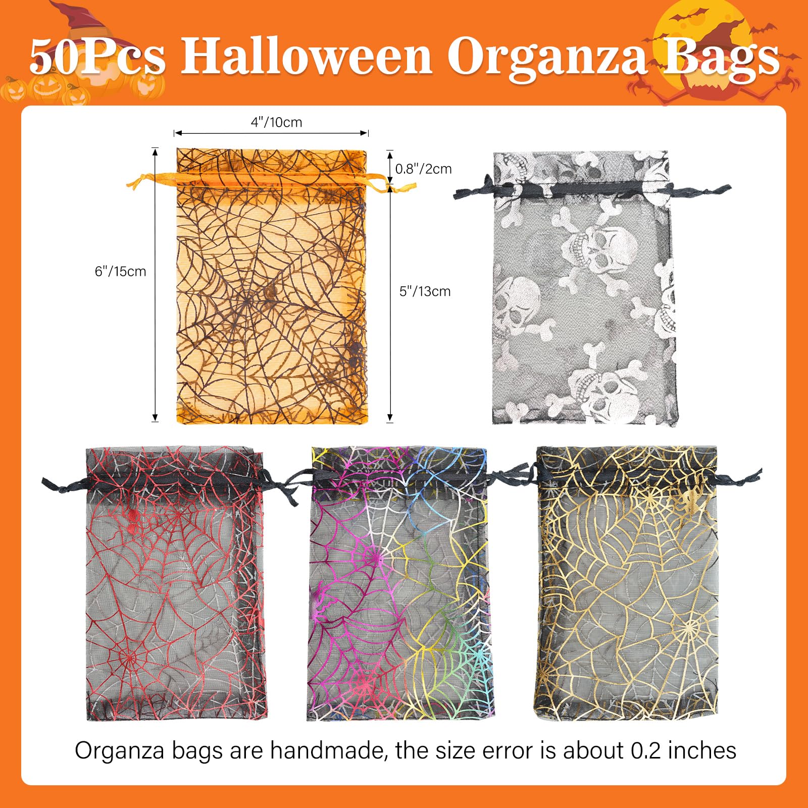 joycraft 50Pcs Halloween Organza Bags, 4x6 inch Halloween Organza Drawstring Bags, Halloween Party Favors Bags for Candy, Snacks, Chocolates, DIY Craft (5 Style)