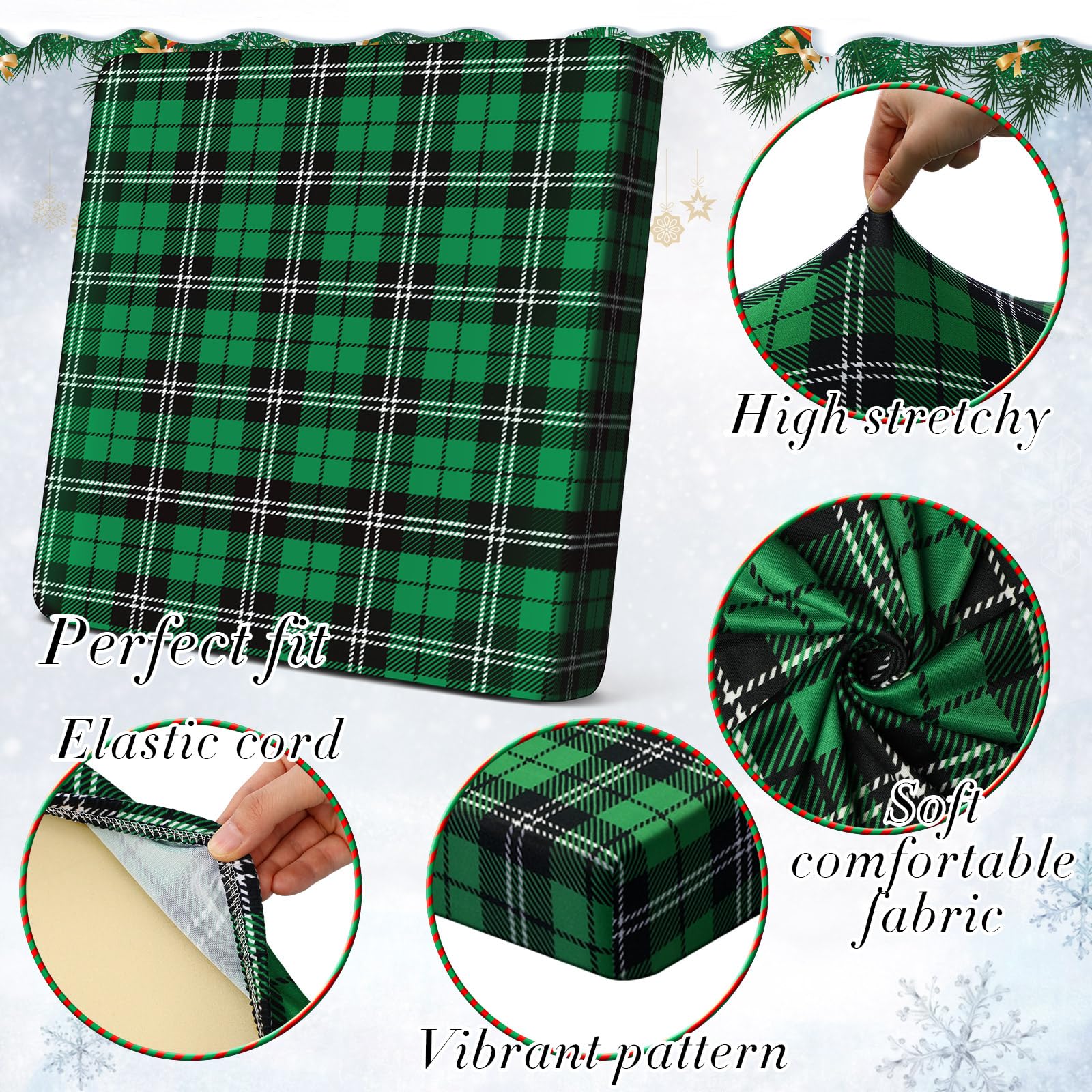 Newwiee 8 Pcs Christmas Patio Cushion Cover Green Plaid Outdoor Cushion Cover Stretch Christmas Chair Cushions Replacement Furniture Couch Sofa Slipcovers Seat Cover Soft Washable