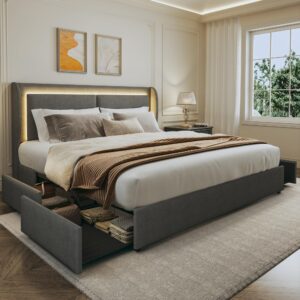 limglim full size bed frame with storage, led full bed frame and wingback headboard, upholstered platform bed frame with drawers, no box spring needed, no-noise, easy assembly, grey