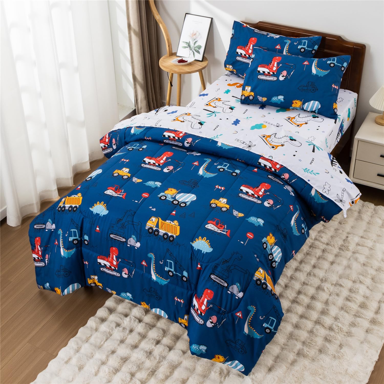 Meeting Story Construction Truck Car Twin Comforter Set for Boys,5 Pieces Dinosaur Bedding Set with Sheets and Pillowcases，Excavator Lightweight Microfiber Bedding Sets（Blue，Twin5pcs）