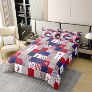 Feelyou Patriotic 4th of July Bedding Set King Size Americana Stars Plaid Duvet Cover 100% Cotton for Adults Women Men Independence Day Comforter Cover Set Red Blue Bedspread Cover 3Pcs,No Comforter