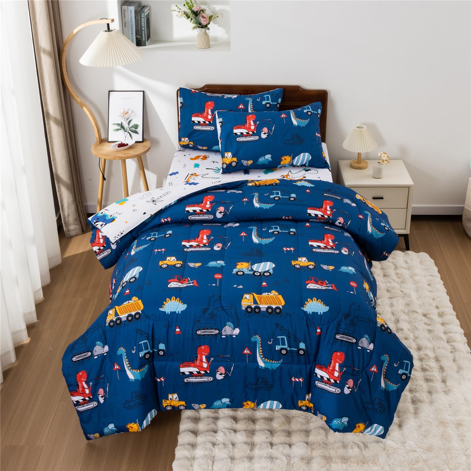 Meeting Story Construction Truck Car Twin Comforter Set for Boys,5 Pieces Dinosaur Bedding Set with Sheets and Pillowcases，Excavator Lightweight Microfiber Bedding Sets（Blue，Twin5pcs）