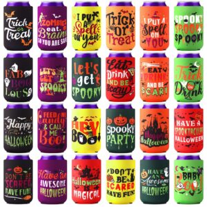 potchen 24 pcs halloween beer can cooler sleeves 12 oz soda beer drink cooler sleeve reusable neoprene witch skull can holders bottle covers for halloween party supplies (dark color,slang)