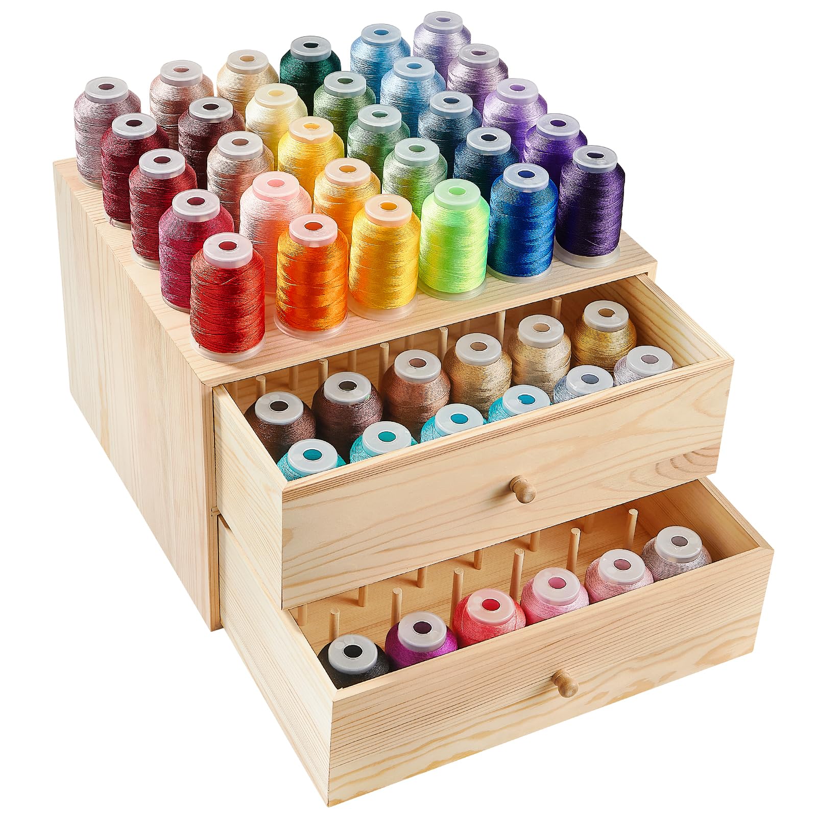 PAZIONMI Wooden Thread Box Thread Holder Thread Rack Sewing and Embroidery Thread Storage Box/Organizer for Sewing 90-Pools(Drawer Spool Size Requirement: Height≤3", Width≤2.5",Top for Taller Spools)