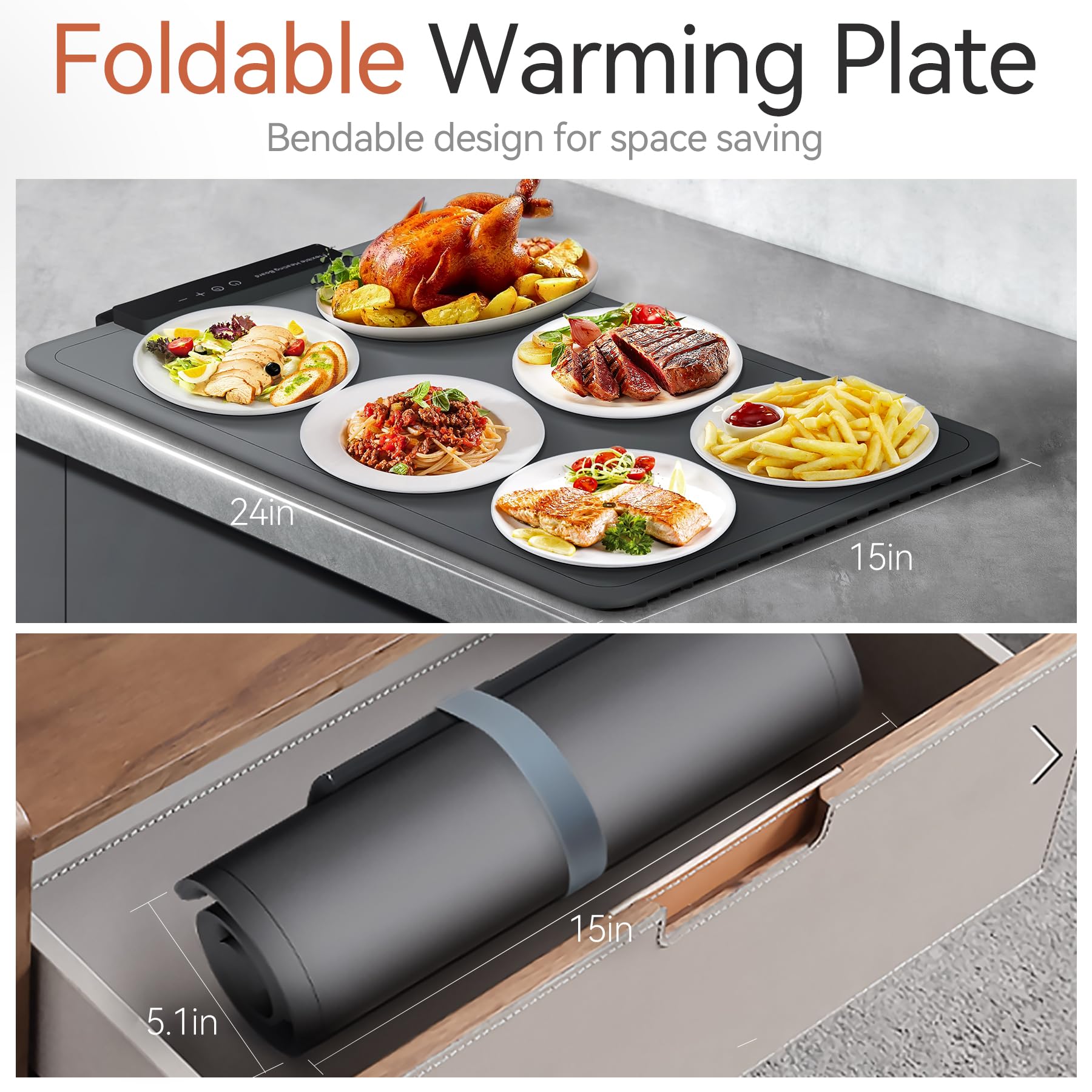 Portable Electric Warming Tray，Food Warming Mat with Adjustable Temperature, Silicone Foldable Food Warmer Fast Heating Mat ， Warming Trays for Buffets Party and Restaurants (Gray)