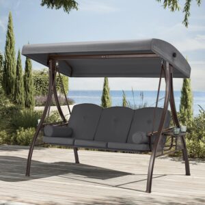 homrest 3 person outdoor porch swing with 1.5" deep cup holder, adjustable canopy, backrest, patio swing bed with weather resistant steel frame, cushions for garden,deck and poolside(grey)