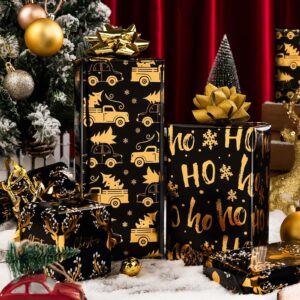 MIMUTI Christmas Wrapping Paper -Black and Gold Gift Wrapping Paper Roll with Cut Lines on Reverse, 17 in x 10 ft Christmas Wrapping Paper Rolls Elk, Ho and Car Design for Holiday, Chrsitmas, Party, Celebration