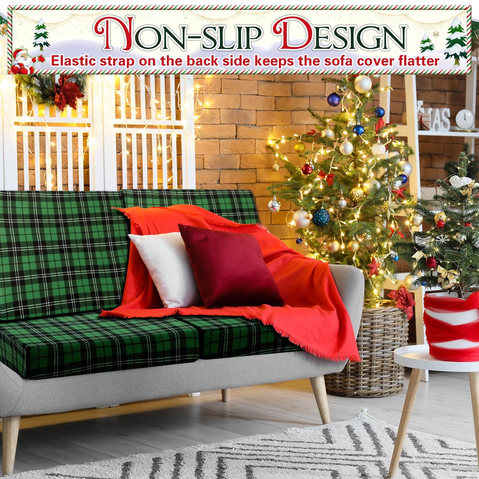 Newwiee 8 Pcs Christmas Patio Cushion Cover Green Plaid Outdoor Cushion Cover Stretch Christmas Chair Cushions Replacement Furniture Couch Sofa Slipcovers Seat Cover Soft Washable