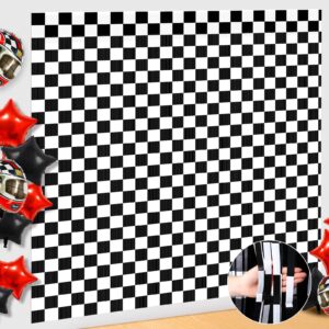 wovweave 2 pack race car backdrops birthday party decorations checkered backdrop black and white foil fringe curtains for race car birthday fast wheels lightning party decoration banner photo prop