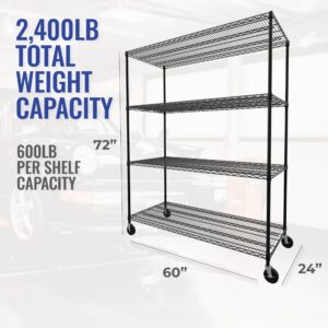 SafeRacks - NSF Certified Storage Shelves, Zinc, Heavy Duty Steel Wire Unit with Wheels and Adjustable Feet, Garage or Bakers Rack, Kitchen, Pantry Shelf - (24"x60"x72" 4-Tier) (Black)