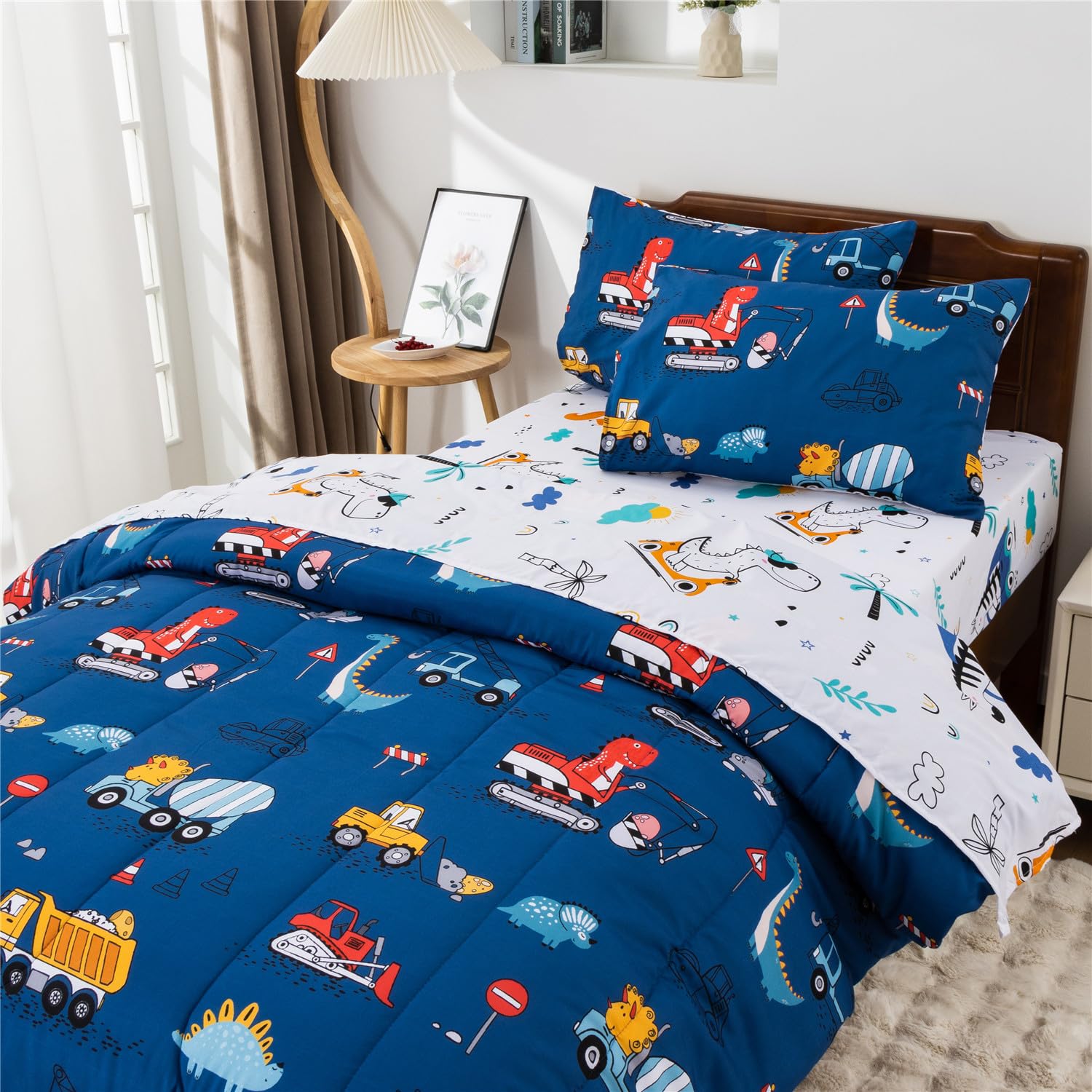 Meeting Story Construction Truck Car Twin Comforter Set for Boys,5 Pieces Dinosaur Bedding Set with Sheets and Pillowcases，Excavator Lightweight Microfiber Bedding Sets（Blue，Twin5pcs）