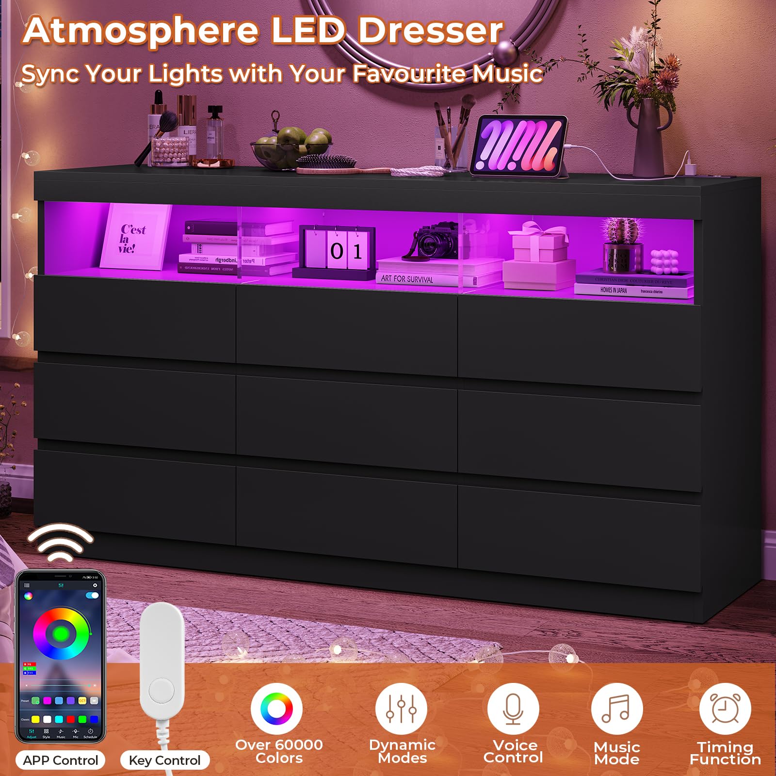 HAUOMS Black Dresser for Bedroom with LED Lights, Large Chest of Drawers Handle Free, Modern Long Dresser with 9 Drawers & Charging Station,for Living Room,Cloakroom,Entryway