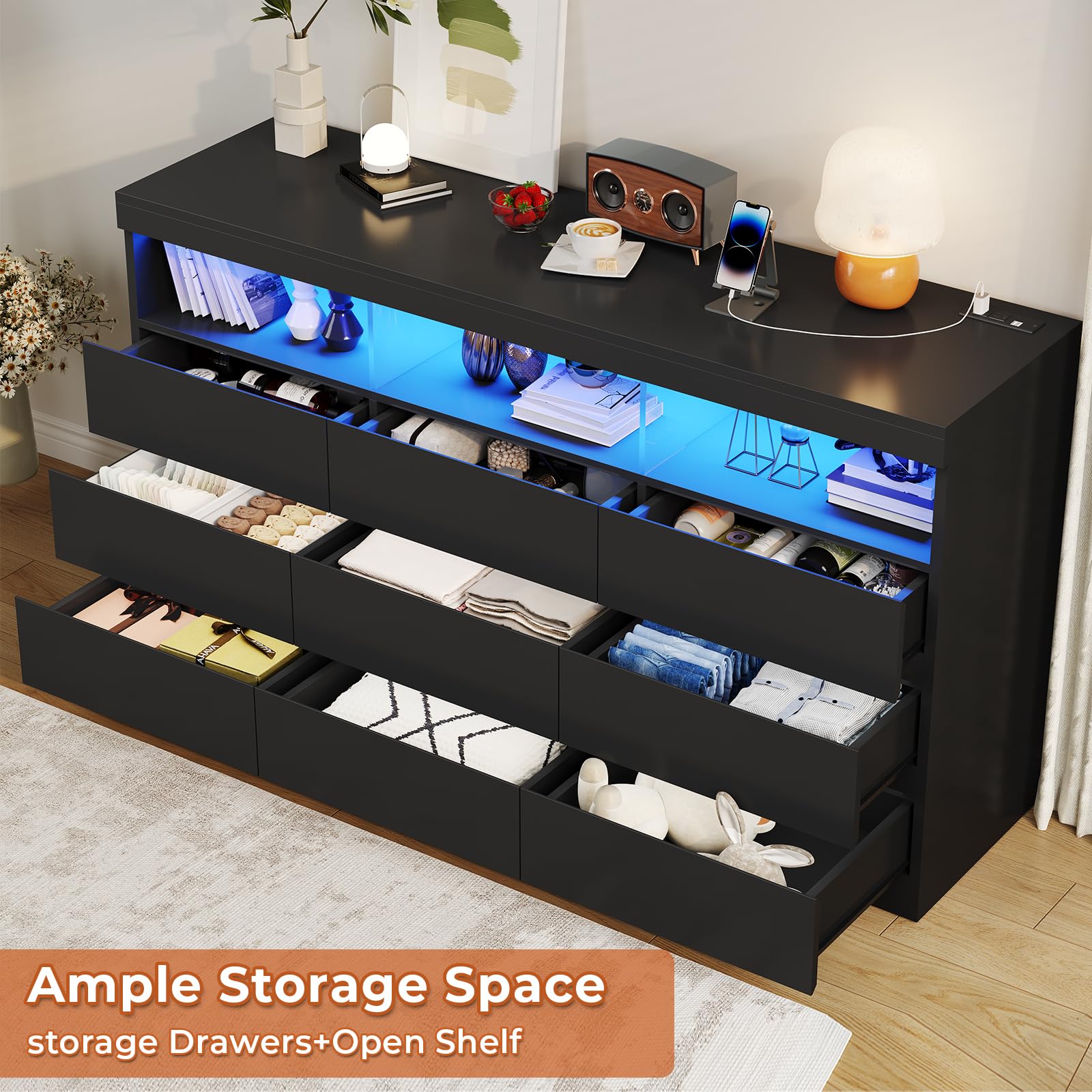 HAUOMS Black Dresser for Bedroom with LED Lights, Large Chest of Drawers Handle Free, Modern Long Dresser with 9 Drawers & Charging Station,for Living Room,Cloakroom,Entryway