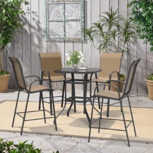 amopatio 5 piece patio bistro set with 4 bar chairs and glass table, all-weather textilene patio bar stools, sturdy outdoor high top table and chairs for 4 for backyard, porch, balcony, brown