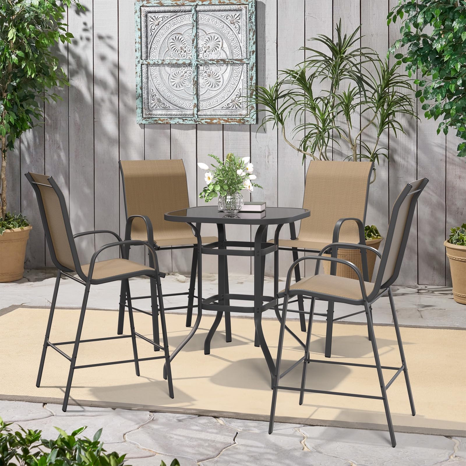 Amopatio 5 Piece Patio Bistro Set with 4 Bar Chairs and Glass Table, All-Weather Textilene Patio Bar Stools, Sturdy Outdoor High Top Table and Chairs for 4 for Backyard, Porch, Balcony, Brown