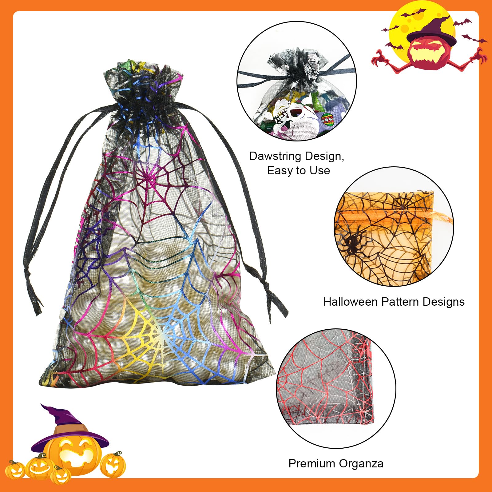 joycraft 50Pcs Halloween Organza Bags, 4x6 inch Halloween Organza Drawstring Bags, Halloween Party Favors Bags for Candy, Snacks, Chocolates, DIY Craft (5 Style)