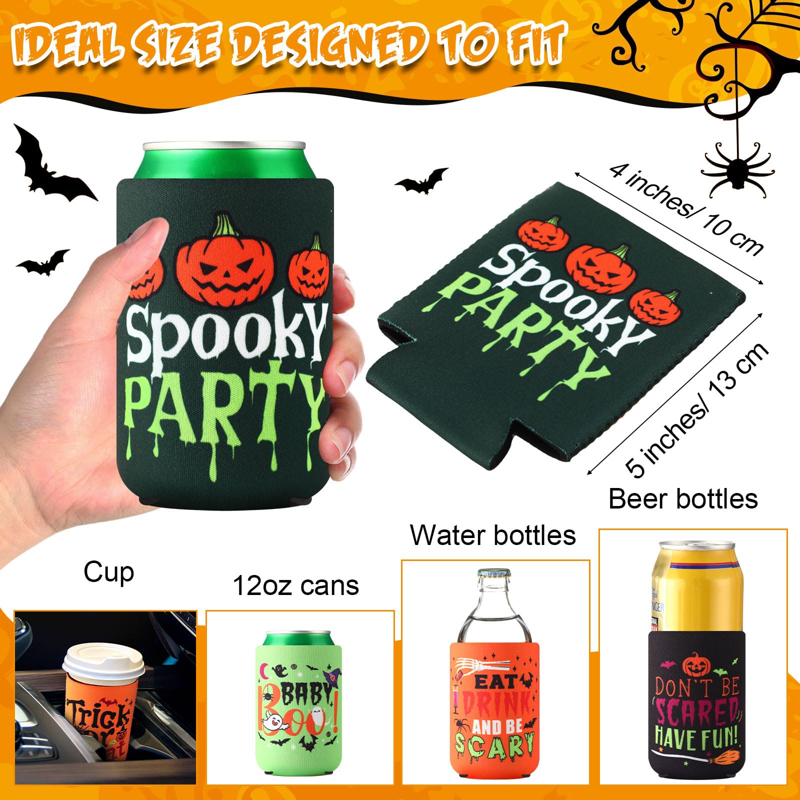 Potchen 24 Pcs Halloween Beer Can Cooler Sleeves 12 oz Soda Beer Drink Cooler Sleeve Reusable Neoprene Witch Skull Can Holders Bottle Covers for Halloween Party Supplies (Dark Color,Slang)