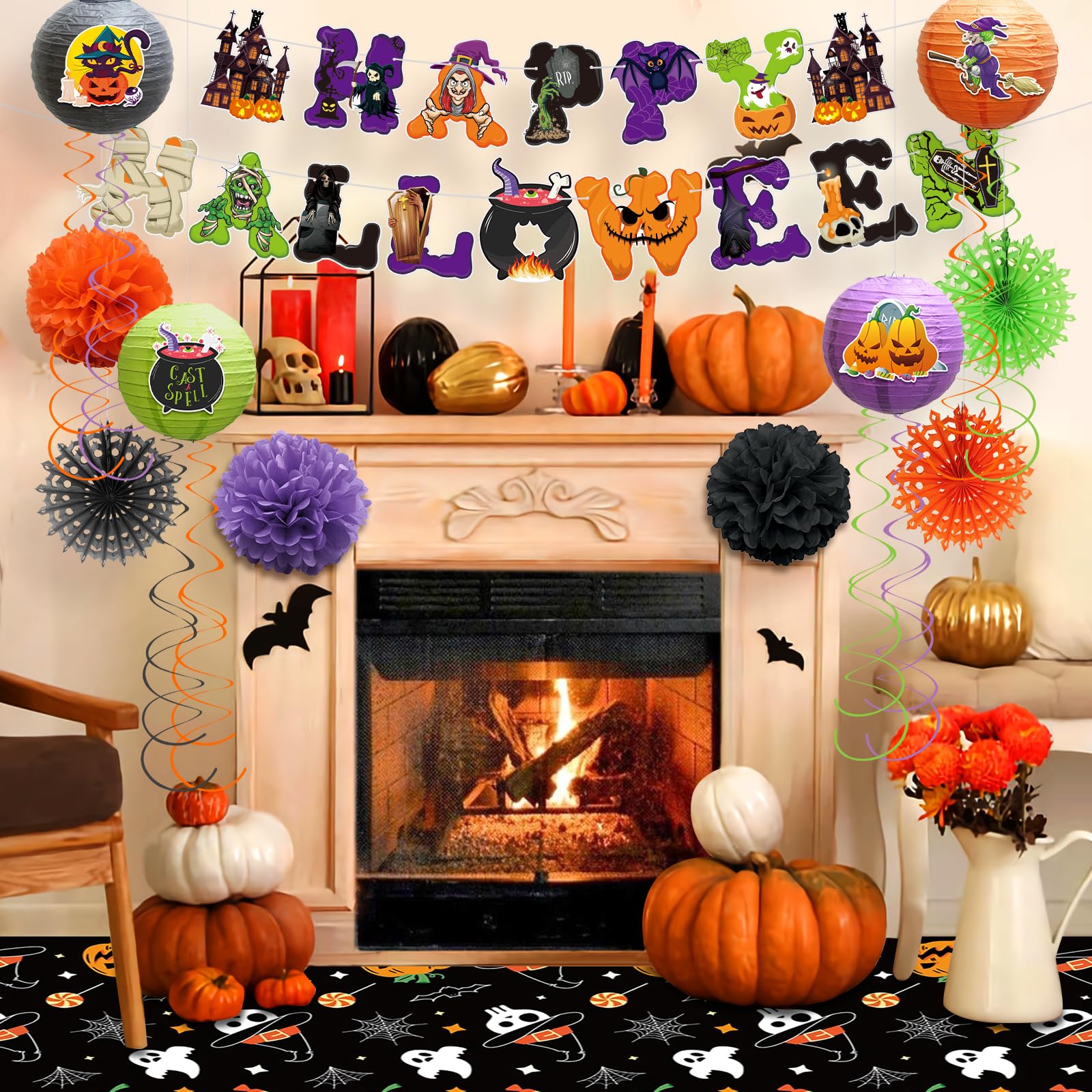 Halloween Decorations Indoor Outdoor- Happy Halloween Banner sets and Tablecloth , Halloween Garland Bat Ghost Pumpkin Halloween Party Decorations, Halloween Party Decorations Supplies