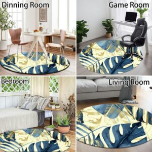 Round Rug 4ft for Kitchen Living Room Bedroom Dining Room Table Outdoor Entryway Washable Large Carpet Circular Circle Area Rug Watercolor navy blue and golden tropical leaves a light monstera palm