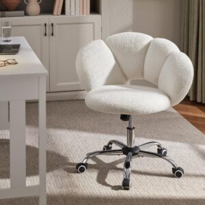 Yaheetech Boucle Upholstered Desk Chair Cloud-Shaped Vanity Chair Adjustable Home Office Chair Computer Chair with Rolling Wheels for Living Room, Bedroom White