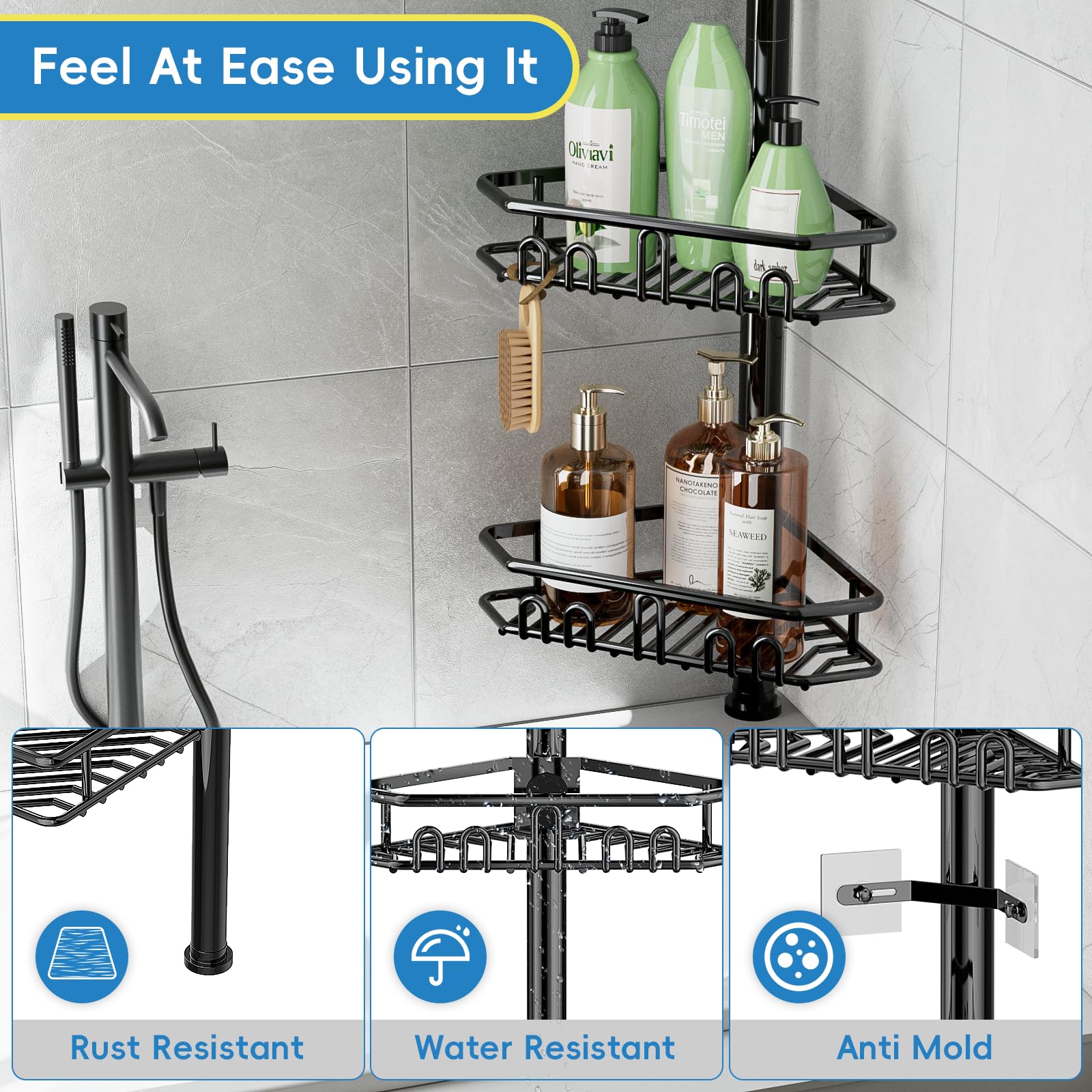 Yaonunoon Corner Shower Caddy Tension Pole- 4-Tier Adjustable Rustproof bathroom shower organizer- 62-115 Inch - 2024 New Adjustable Bathtub Organizer Shelves