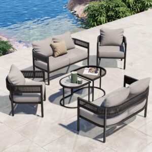 grand patio 6-piece wicker outdoor furniture set with beige thick cushions and coffee table, patio sofa conversation set for backyard, balcony, garden